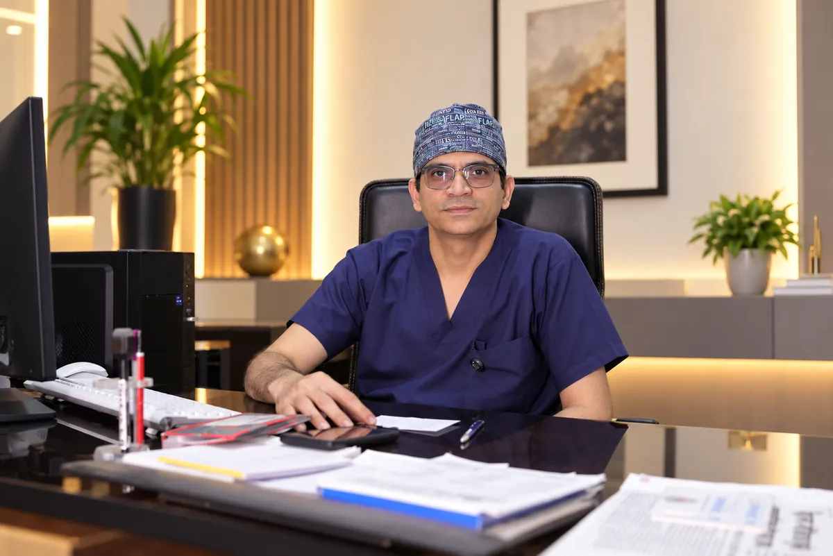 Dr. Mukesh Suryawanshi, plastic and reconstructive surgeon, seated at his desk at Shree Vighnaharta Superspeciality Hospital